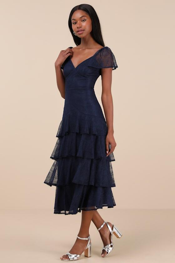 Graceful Darling Navy Lace Flutter Sleeve Tiered Midi Dress Product Image