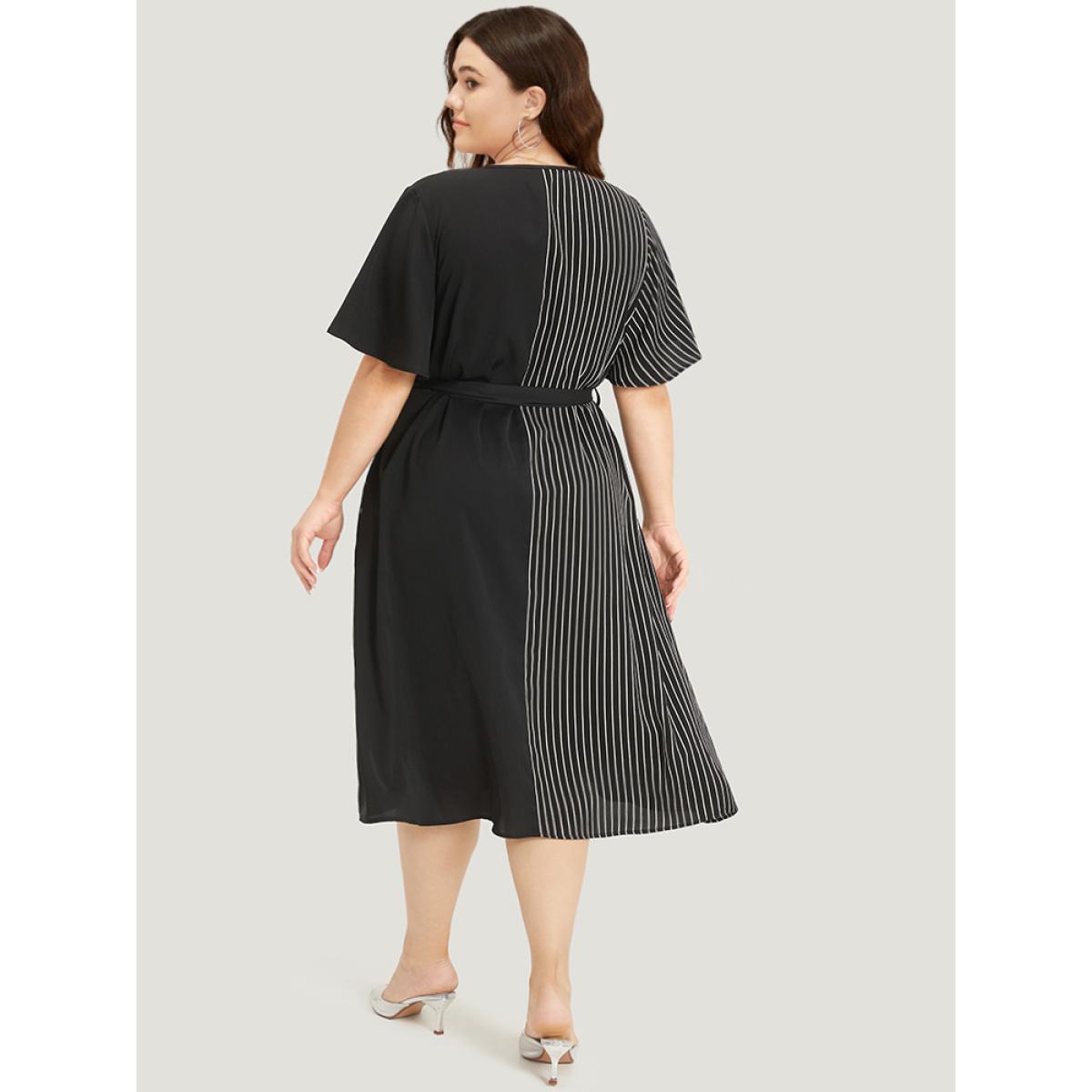 Plus Size Striped Patchwork Pocket Button Detail Belted Dress Black Women Office Plain V-neck Short sleeve Curvy Midi Dress BloomChic 30/6X Product Image