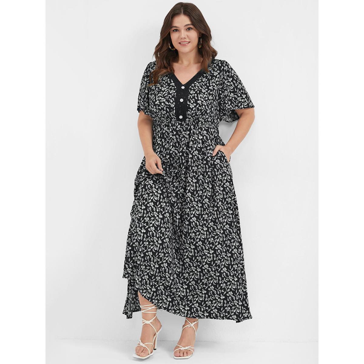 Plus Size Ditsy Floral Button Lace Pocket Split Ruffles Maxi Dress Black Women Elegant Printed V-neck Short sleeve Curvy Long Dress BloomChic 12/L Product Image