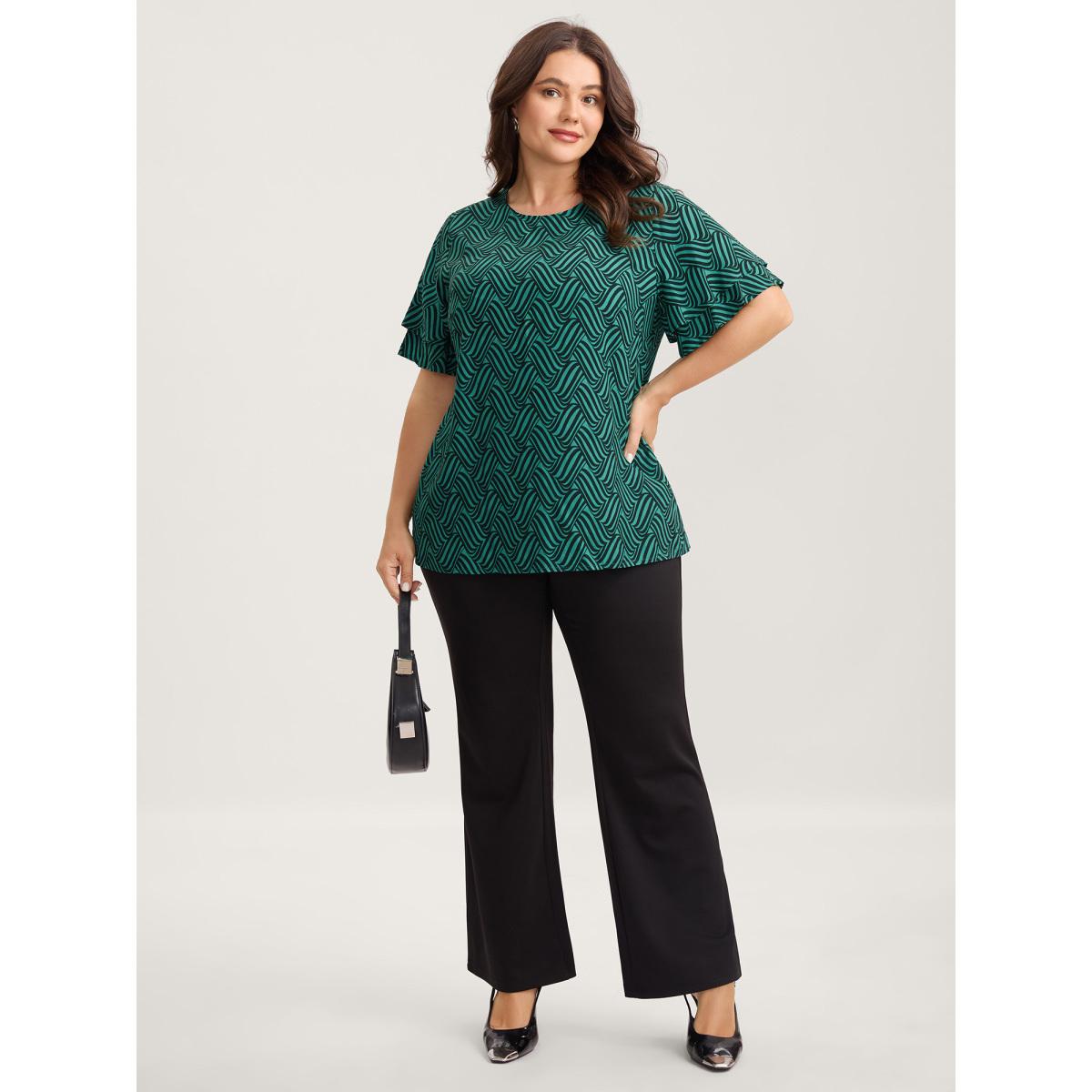 Plus Size Cyan Rayon Geometric Print Layered Sleeve Blouse Women Office Short sleeve Round Neck Office Blouses BloomChic 12/L Product Image