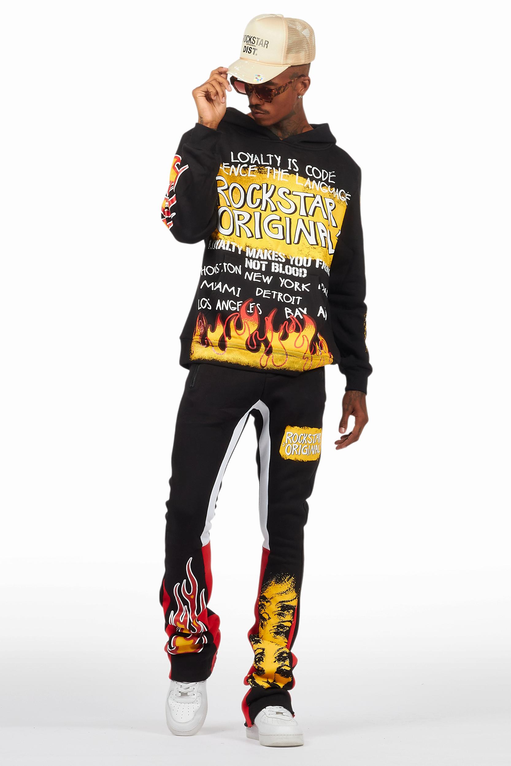 Beno Black/Yellow Stacked Flare Hoodie Track Set Male Product Image