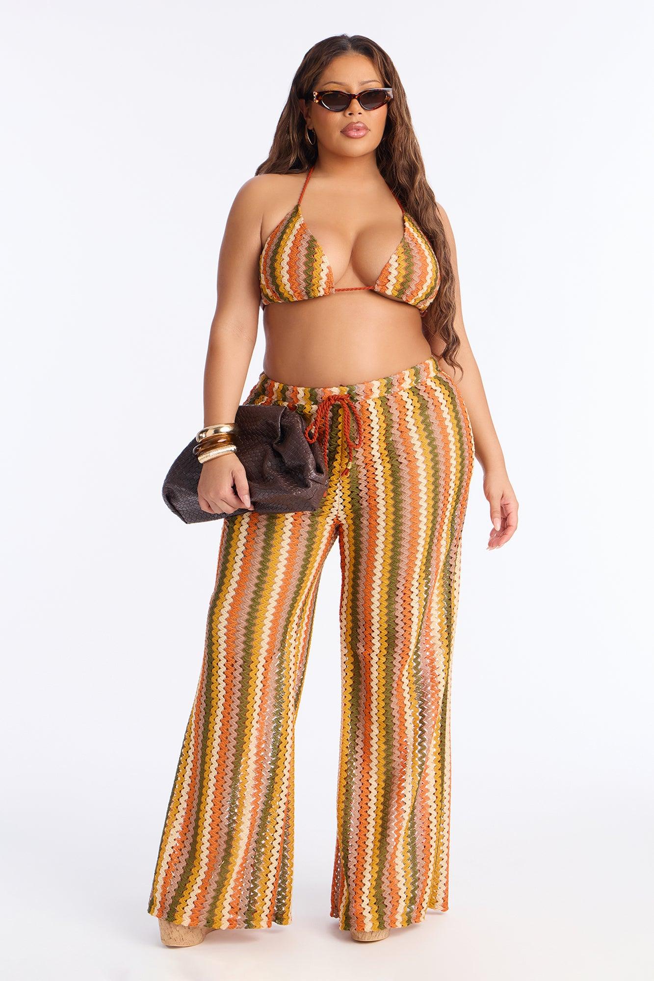 Cassandra Crochet 3 Piece Bikini & Pants Set - Orange/combo Female Product Image