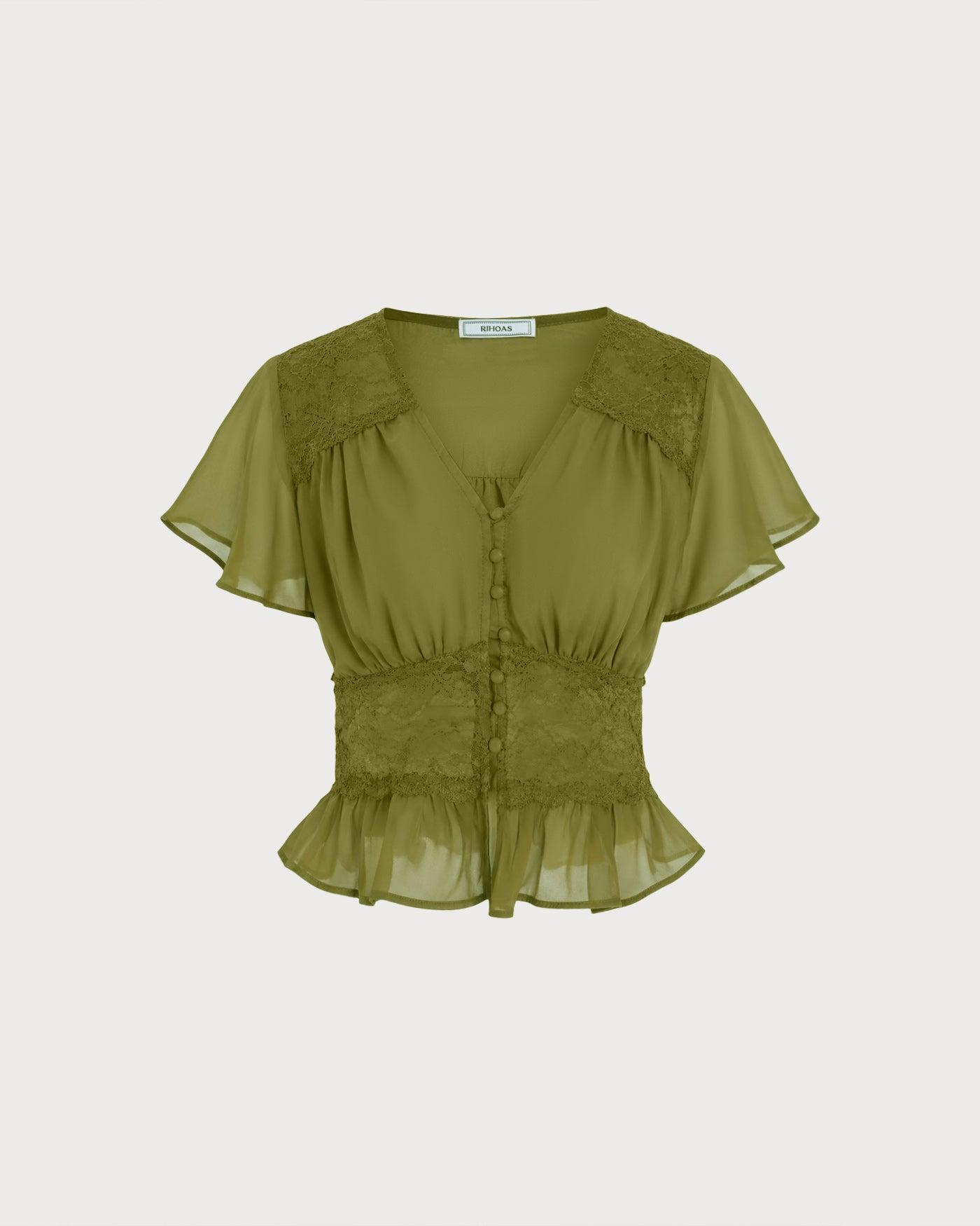 Green V Neck Ruched Blouse Product Image