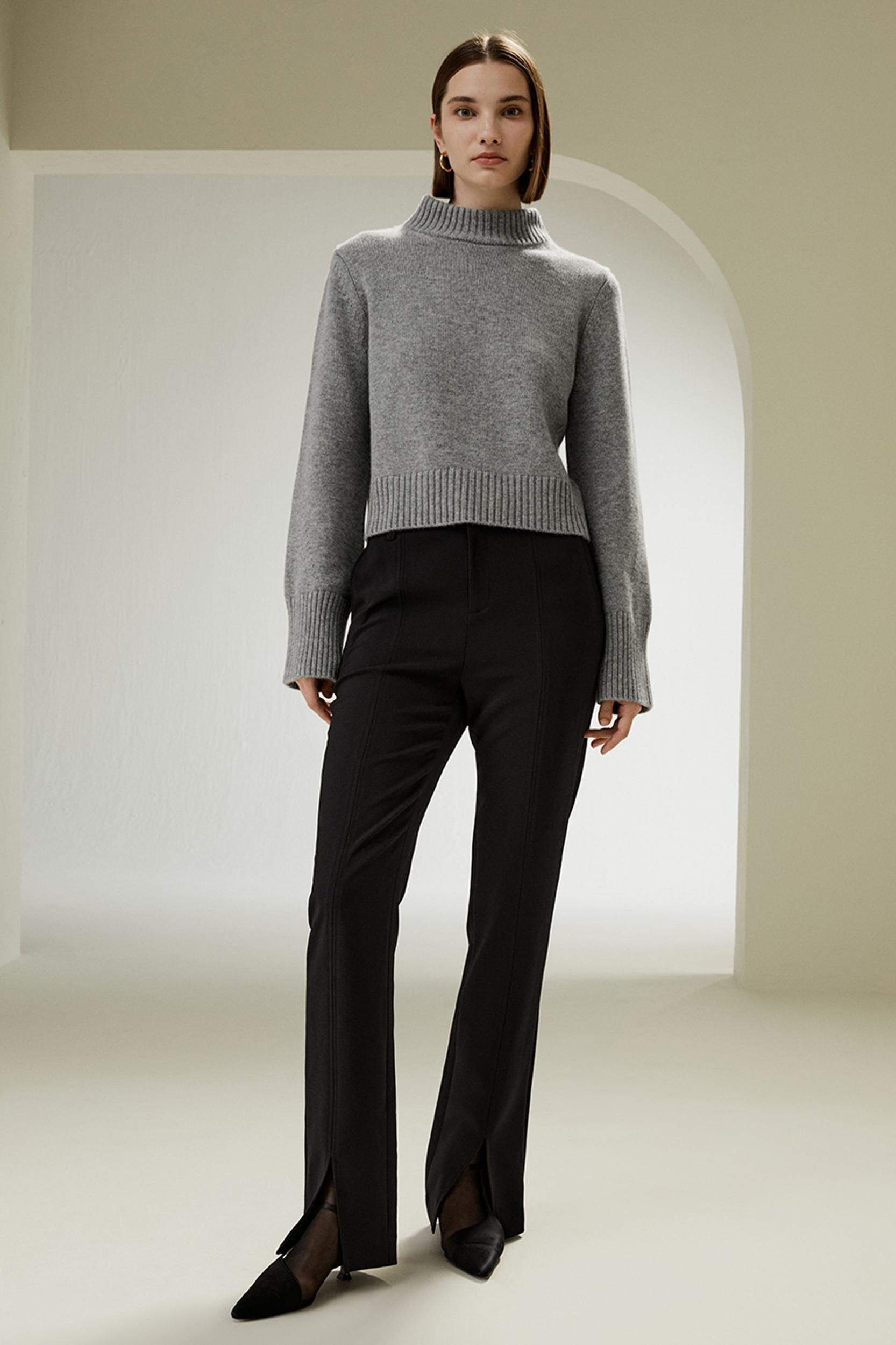 Ribbed Collar and Hemline Wool Cashmere Sweater Product Image