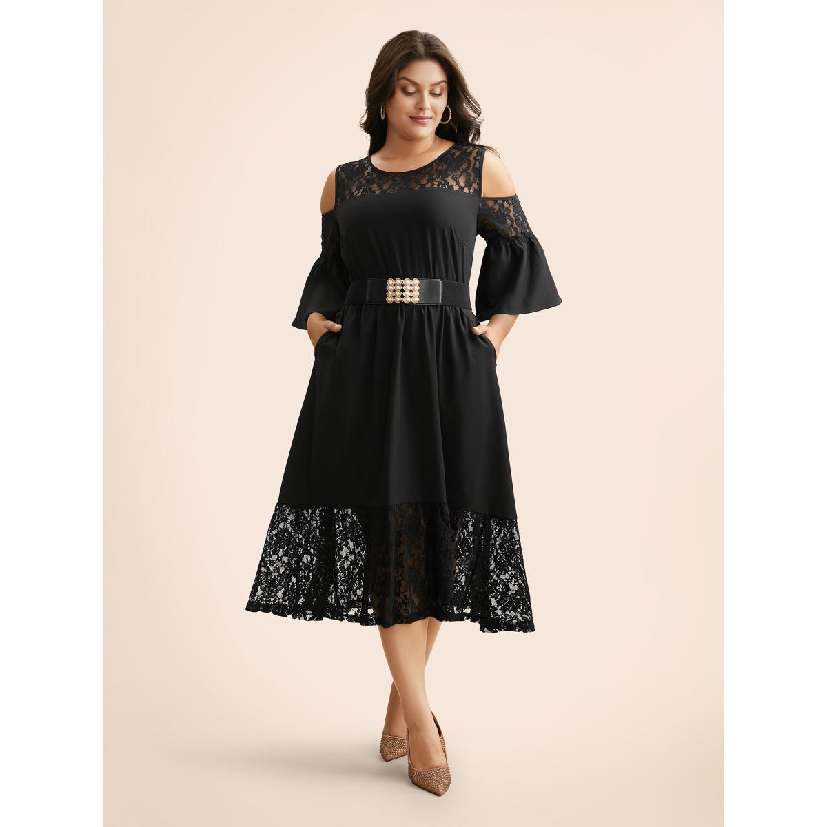 Plus Size Crochet Lace Mesh Ruffle Sleeve Dress Black Women Cocktail Woven ribbon&lace trim Round Neck Elbow-length sleeve Curvy BloomChic 22-24/3X Product Image