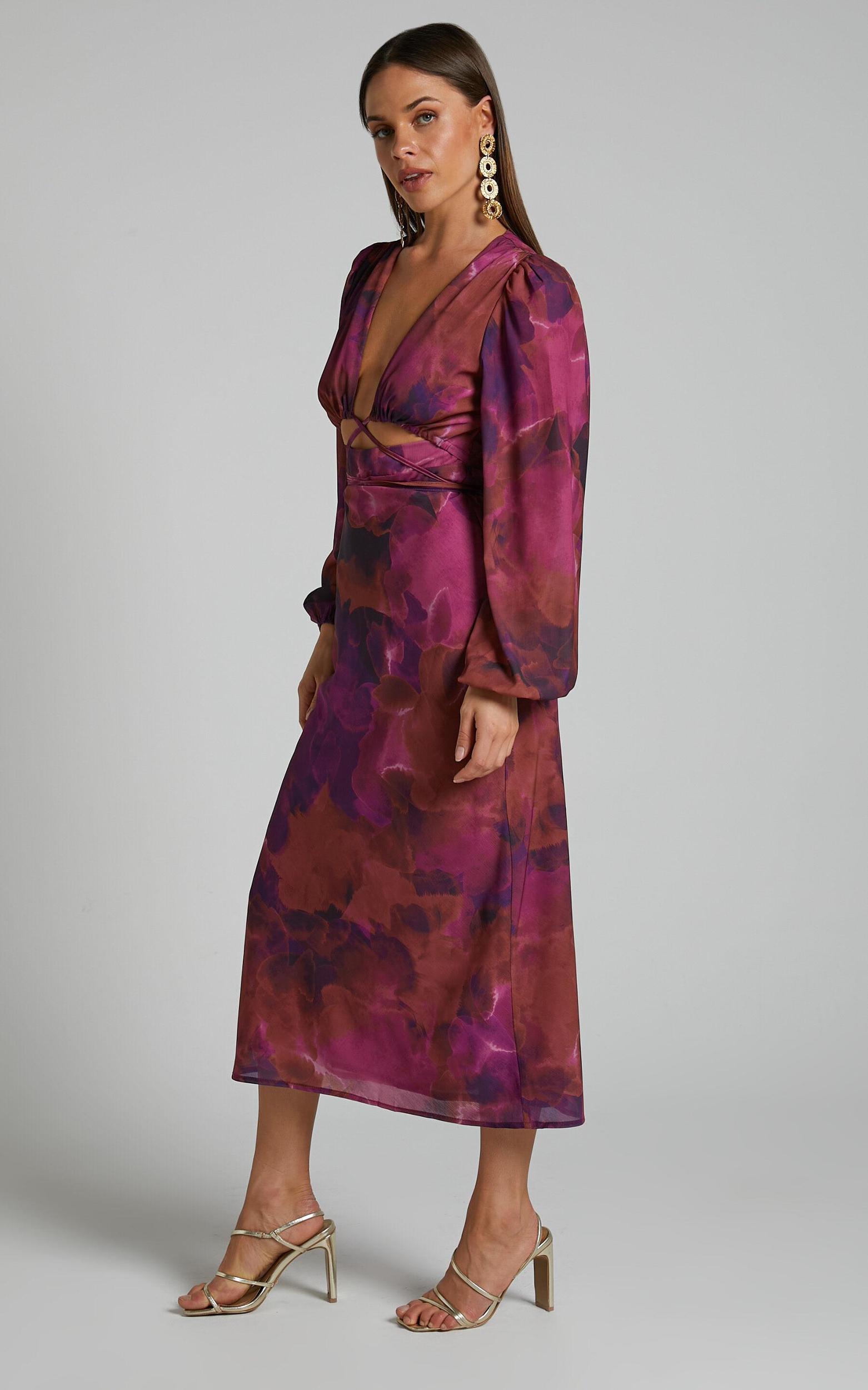 Artola Midi Dress - Front Cut Out Long Sleeve Dress in Blurred Dreams Product Image