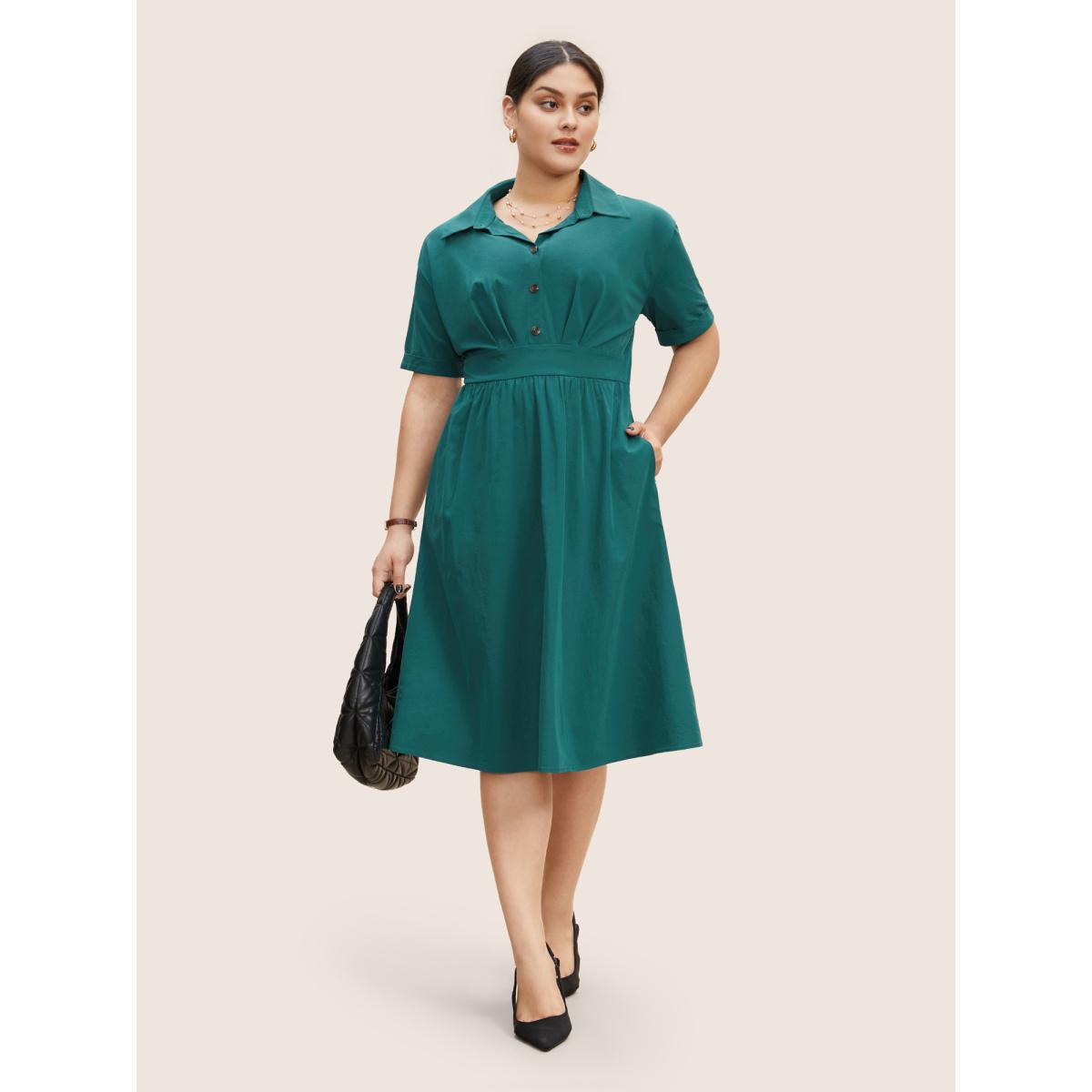 Plus Size Shirt Collar Pleated Button Detail Gathered Midi Dress Cyan Women Work From Home Gathered Shirt collar Short sleeve Curvy BloomChic 10/M Product Image