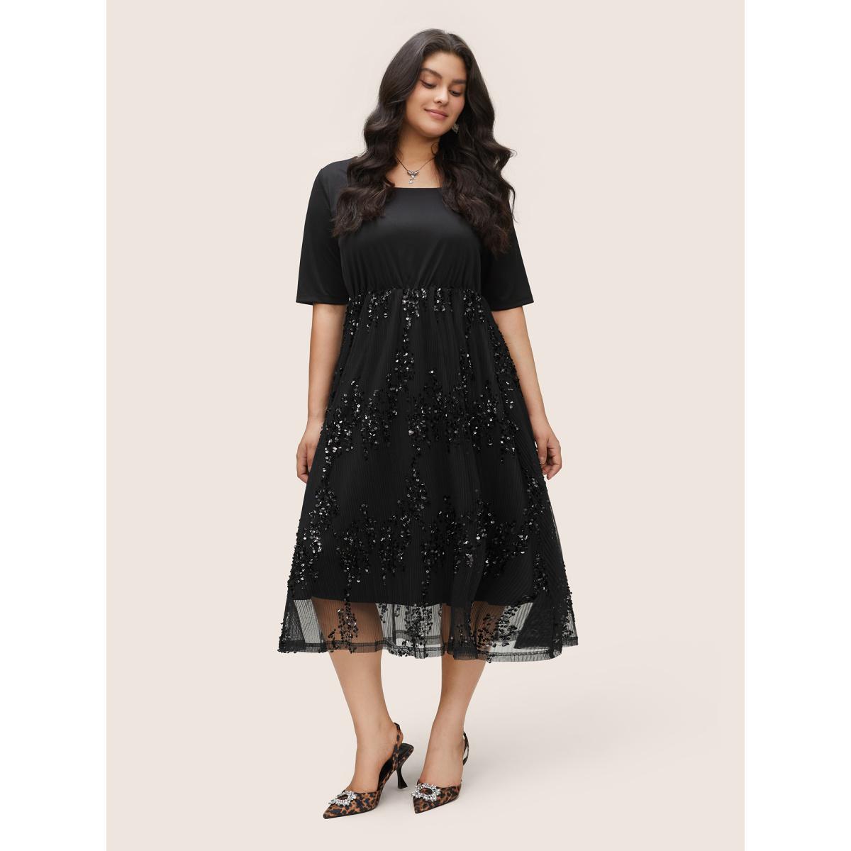 Plus Size Sequin Mesh Patchwork Square Neck Elastic Waist Dress Black Women Cocktail Sequin Square Neck Half Sleeve Curvy Midi Dress BloomChic 18-20/2X Product Image