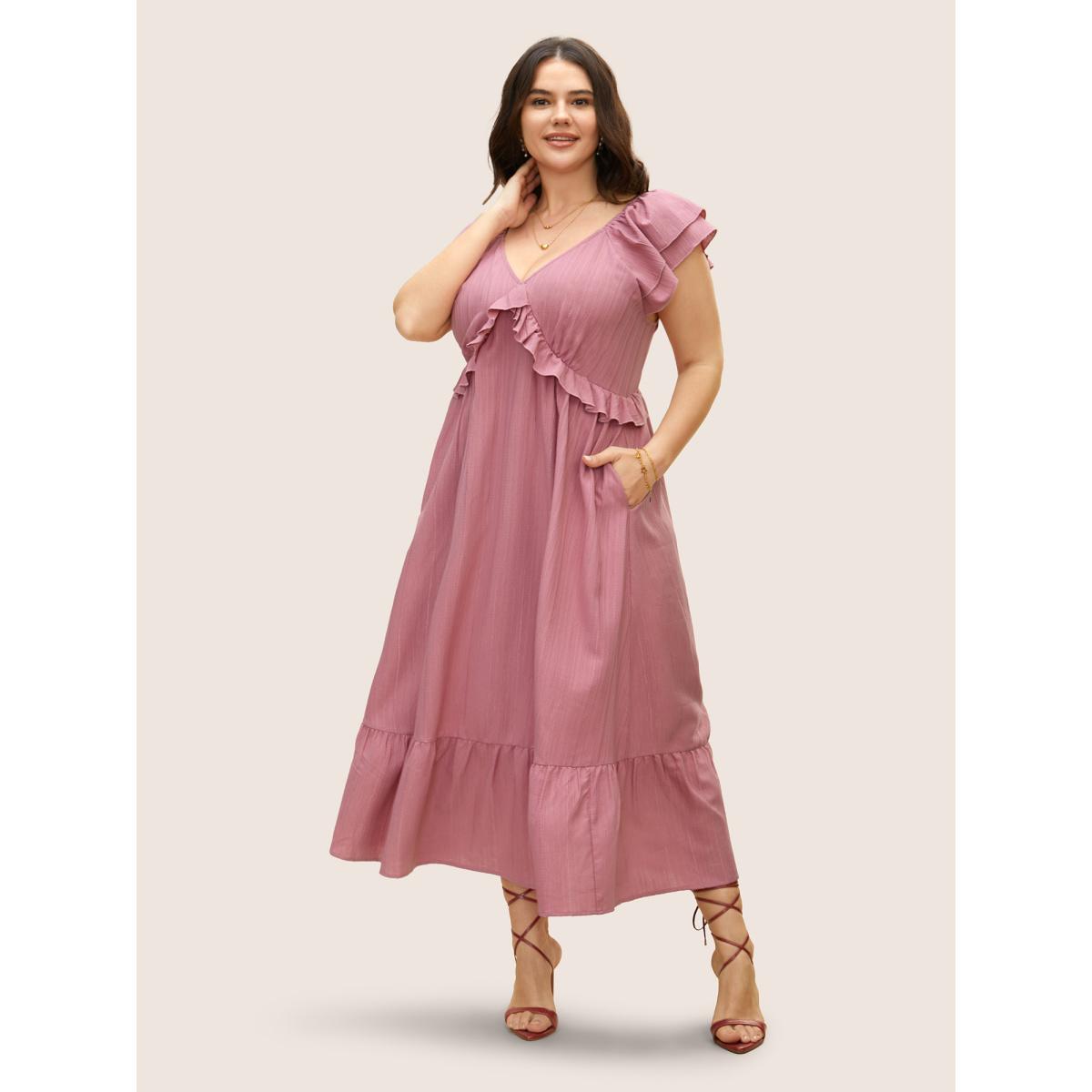 Plus Size Plain Textured Tiered Ruffle Sleeve Dress Beanpastepowder Women Elegant Tiered V-neck Cap Sleeve Curvy BloomChic 12/L Product Image