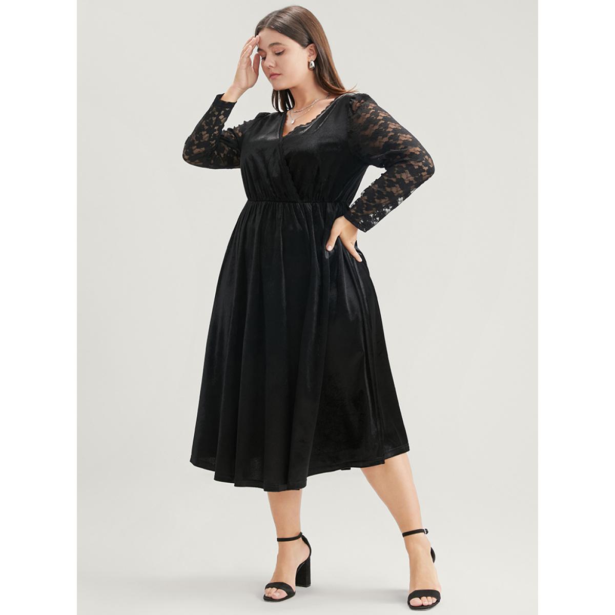 Plus Size Solid Wrap Contrast Lace Velvet Midi Dress Black Women Party Patchwork V-neck Long Sleeve Curvy Midi Dress BloomChic 22-24/3X Product Image