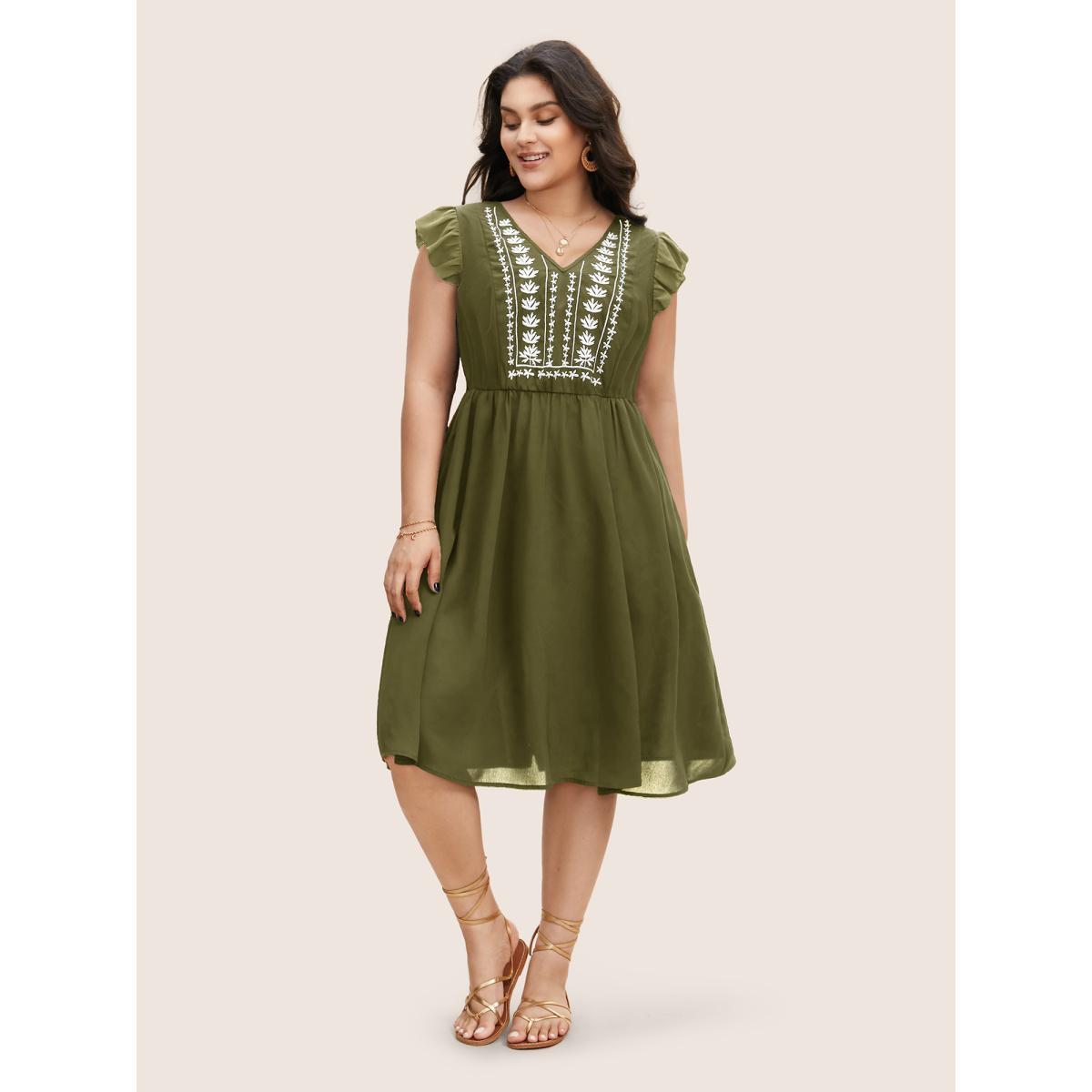 Plus Size Floral Embroidered V Neck Ruffle Cap Sleeve Dress ArmyGreen Women Boho Embroidered V-neck Cap Sleeve Curvy BloomChic 14-16/1X Product Image