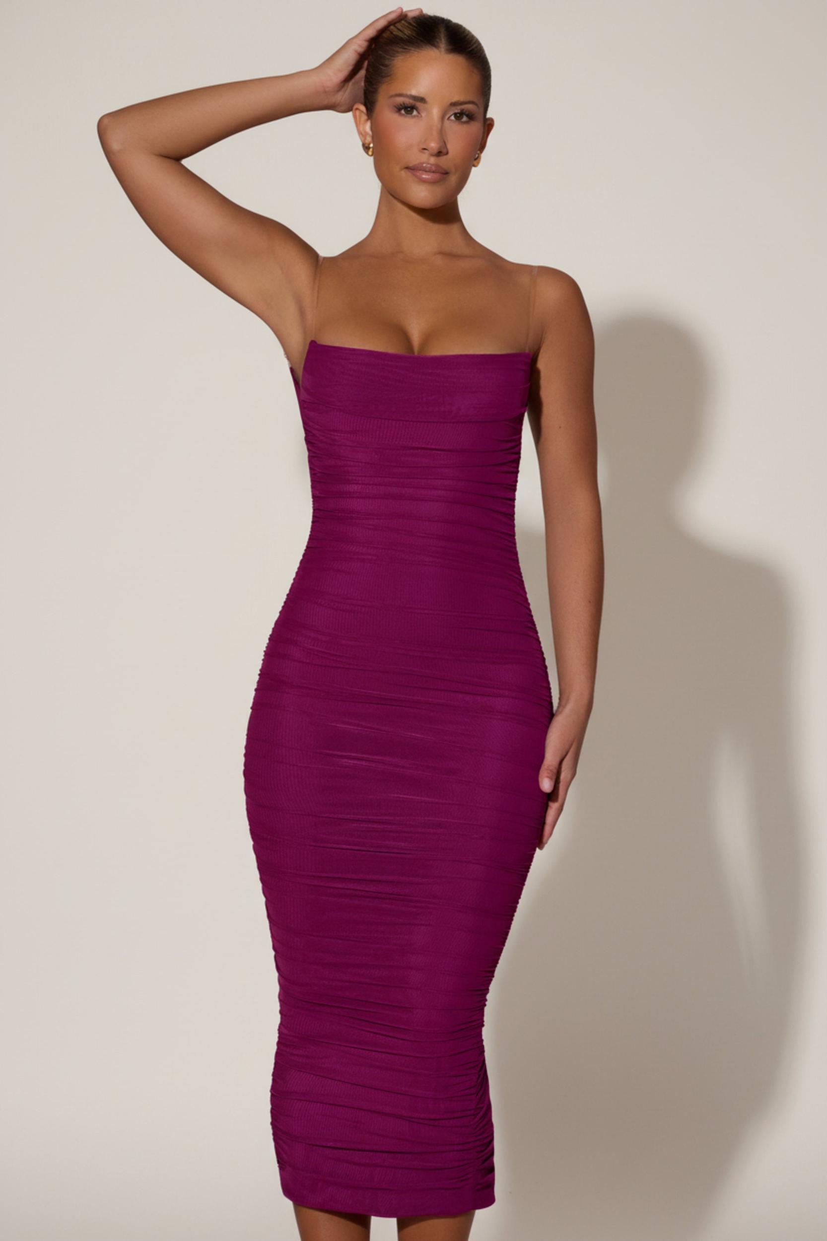 Ruched Backless Bodycon Midaxi Dress in Plum Product Image