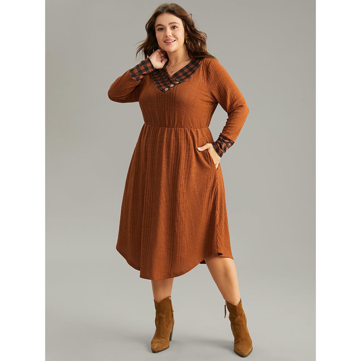 Plus Size Rib Knit Patchwork Plaid Pocket Button Detail Dress Rust Women Casual Rib Knit V-neck Long Sleeve Curvy Midi Dress BloomChic 18-20/2X Product Image