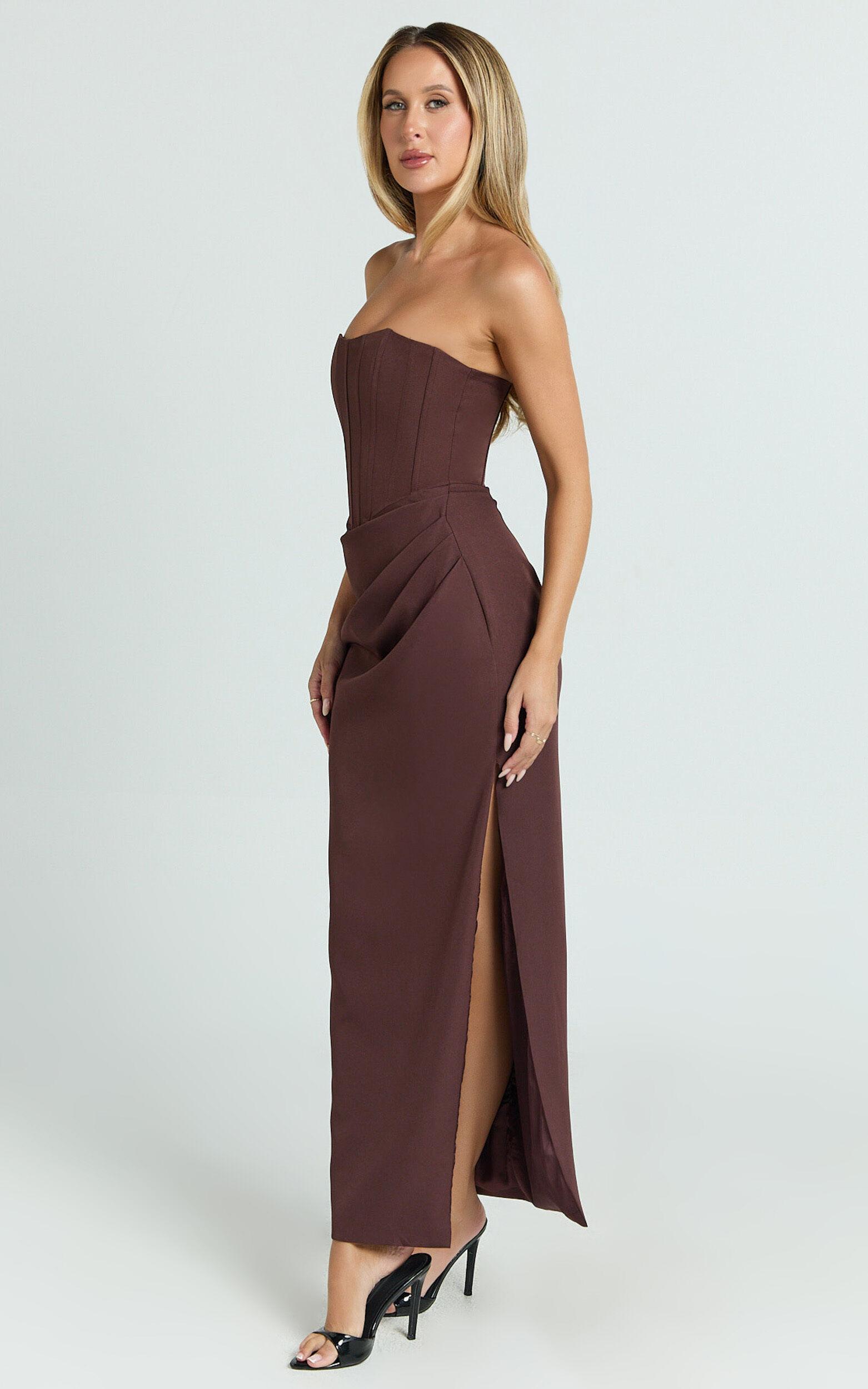 Avery Midi Dress - Strapless Draped Side Split Dress in Chocolate Product Image