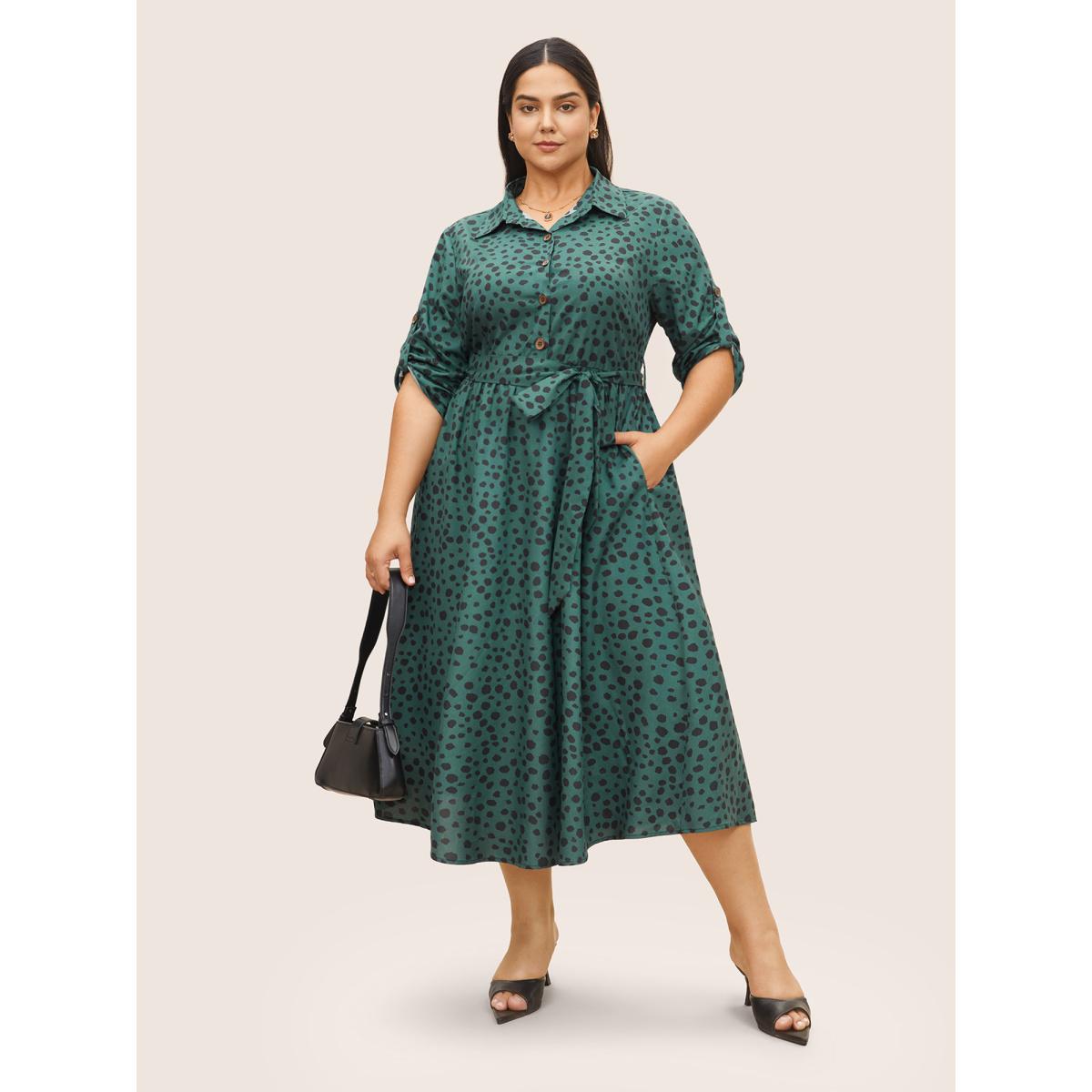 Plus Size Shirt Collar Polka Dot Elastic Waist Belted Dress Emerald Women At the Office Non Shirt collar Half Sleeve Curvy Midi Dress BloomChic 10/M Product Image