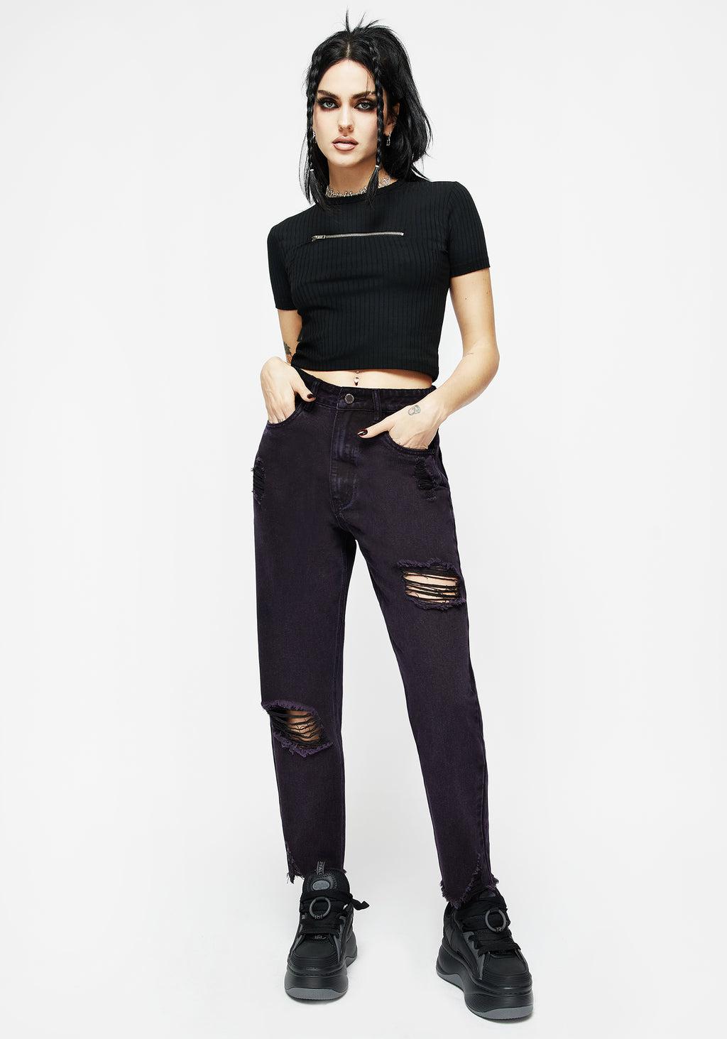 Planchette Embroidered Distressed Denim Mom Jeans Product Image