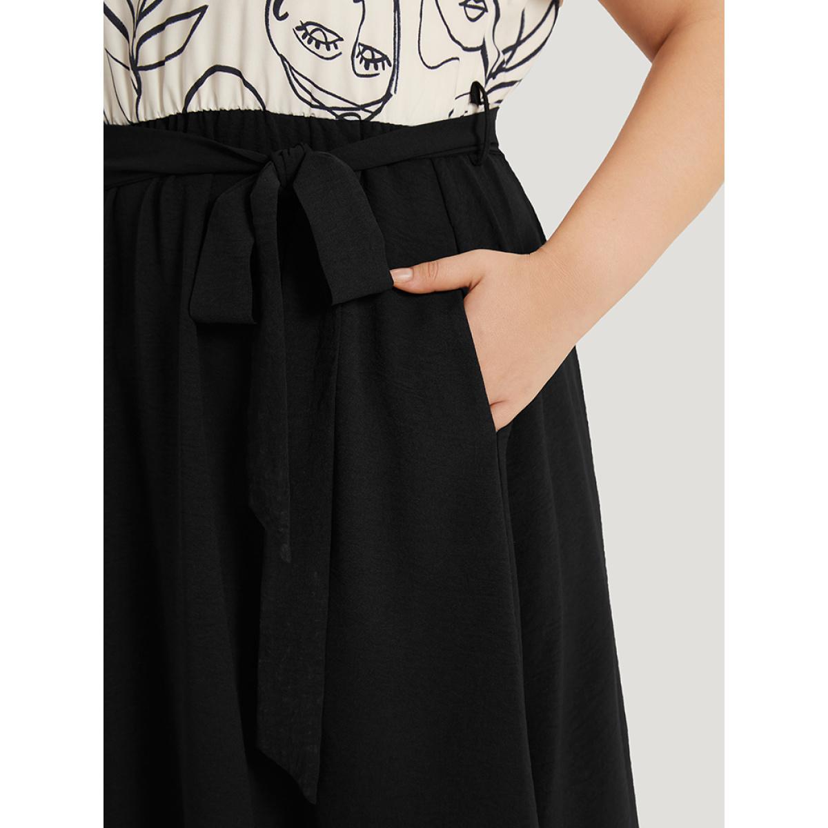 Plus Size Figure Graffiti Notched Patchwork Belted Dress Ivory Women Office Lined Notched collar Short sleeve Curvy Midi Dress BloomChic 12/L Product Image