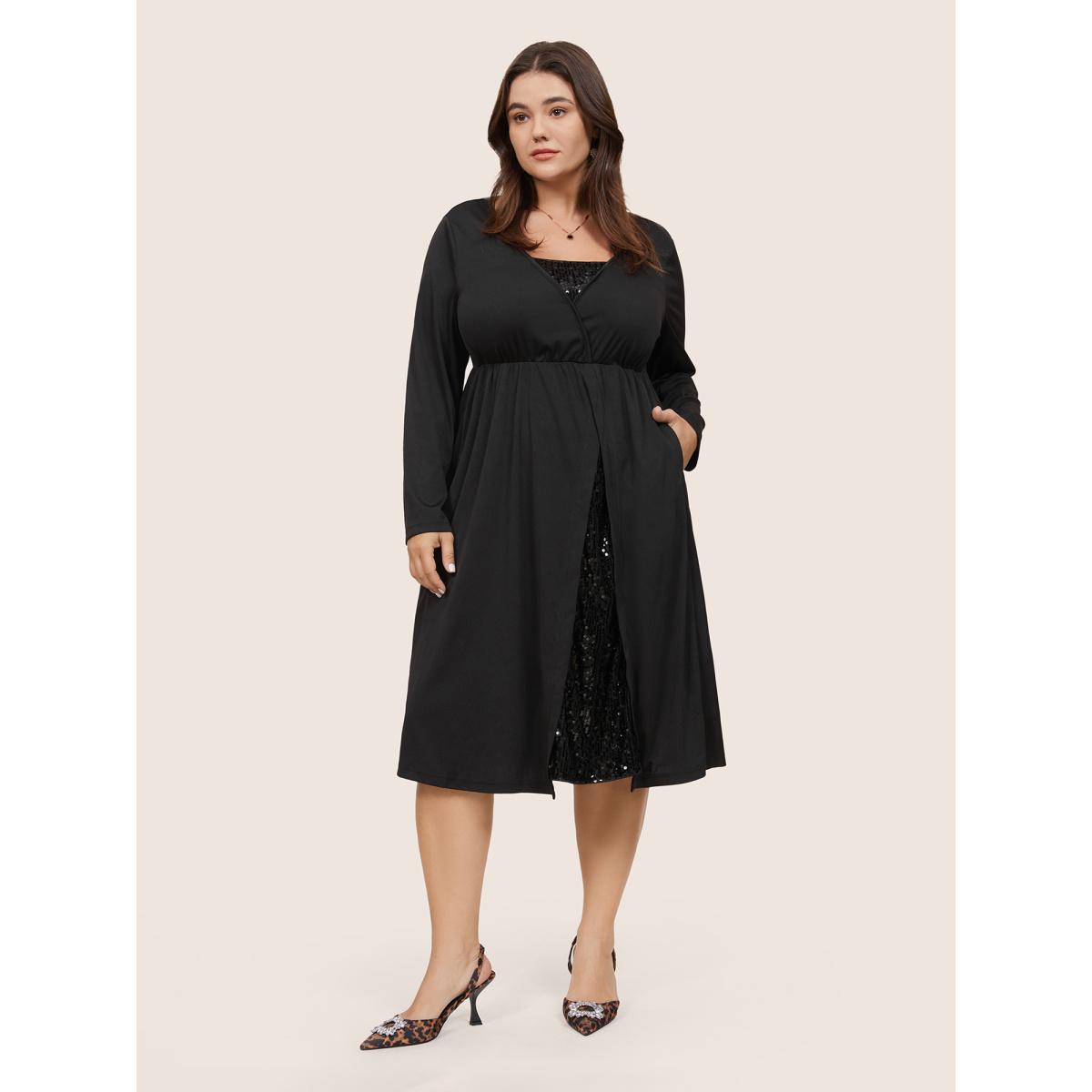 Plus Size Plain Sequin Patchwork Elastic Waist Dress Black Women Glamour Sequin Square Neck Long Sleeve Curvy Midi Dress BloomChic 26/4X Product Image
