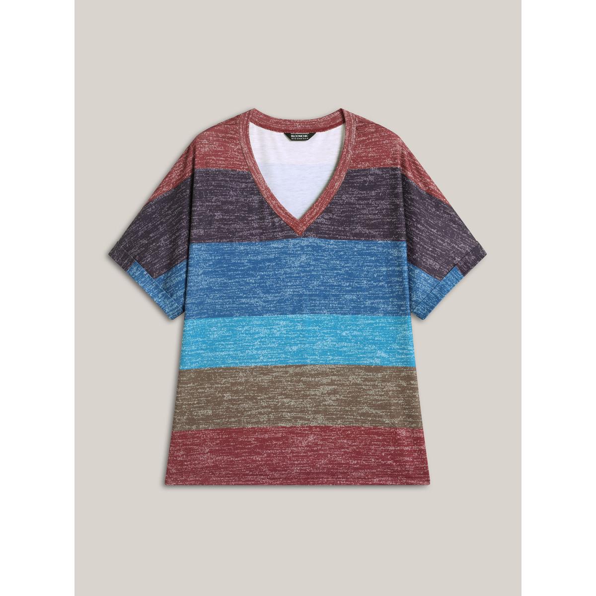 Plus Size Multi-Color Summer Stripes T-Shirt Multicolor Women Leisure Contrast V-neck Casual T-shirts BloomChic 30/6X Product Image