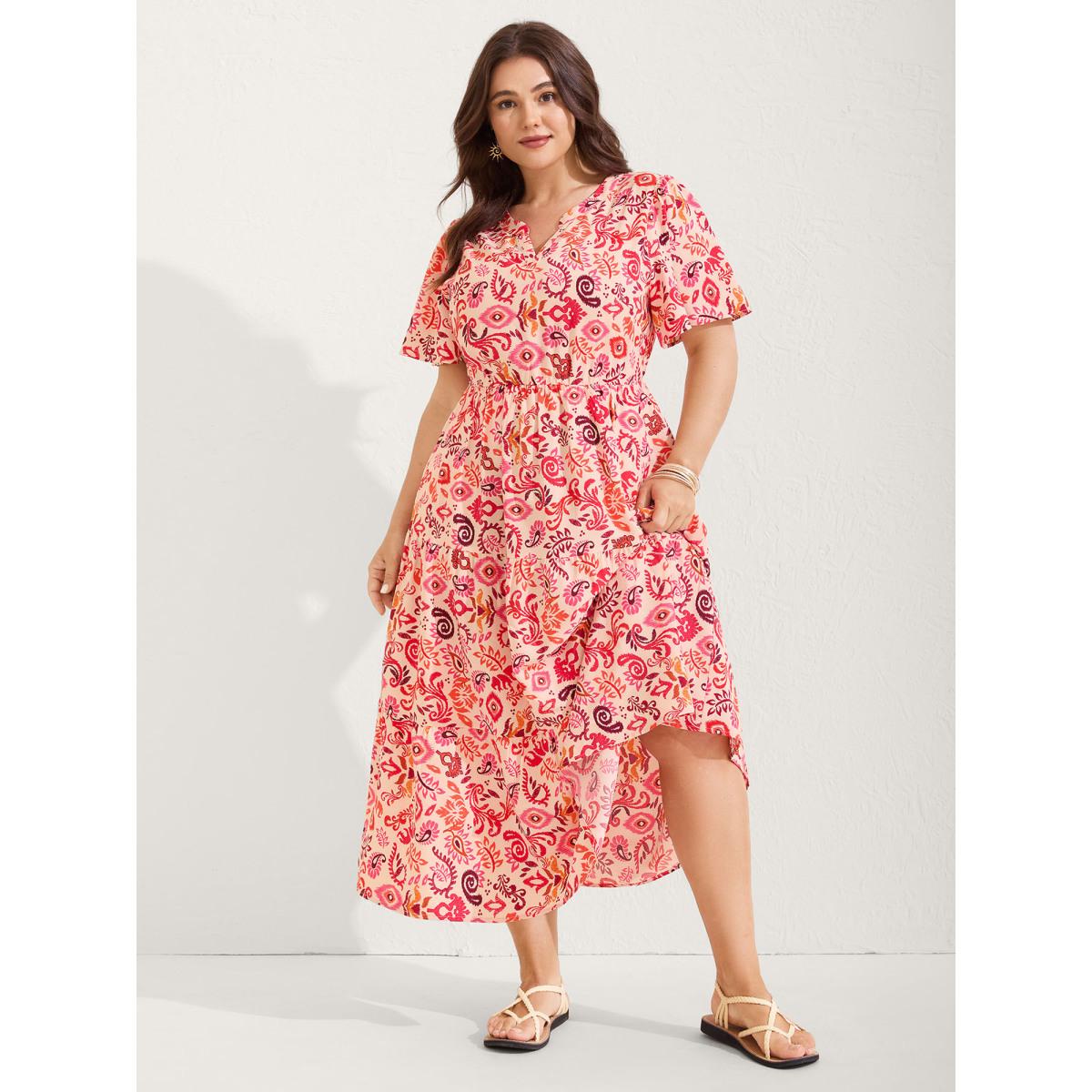 Plus Size Sweet Florals Notched Collar Midi Dress OrangeRed Women Boho Gathered Flat collar Short sleeve Curvy BloomChic 10/M Product Image