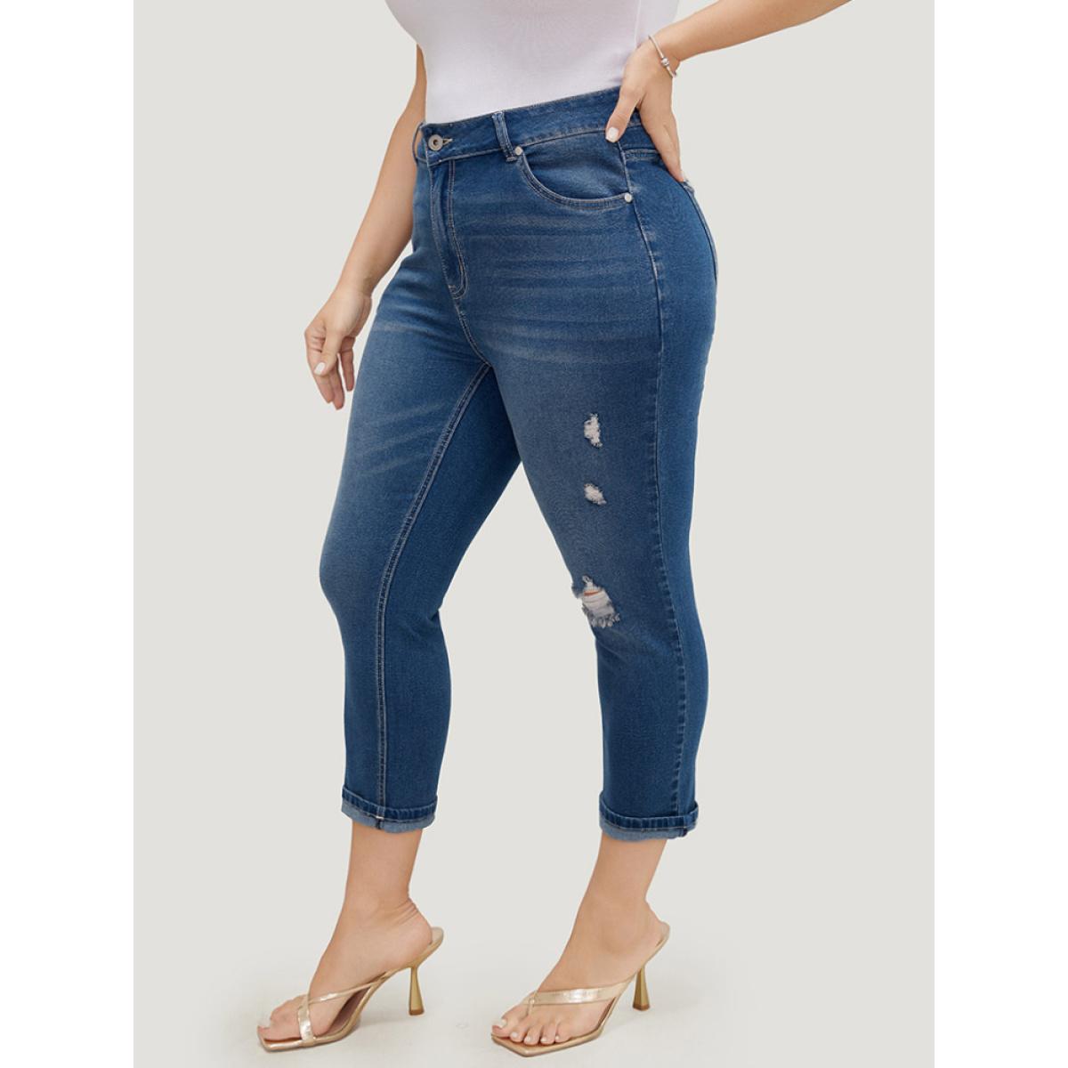 Plus Size Very Stretchy High Rise Dark Wash Ripped Detail Cropped Jeans Women Blue Casual Plain High stretch Jeans BloomChic 12/L Product Image