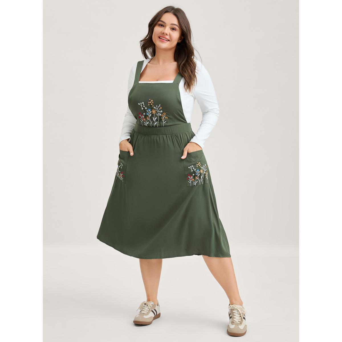 Plus Size Rayon Floral Embroidery Stretchy Waist Midi Dress ArmyGreen Women Leisure Non Sleeveless Curvy BloomChic 14-16/1X Product Image