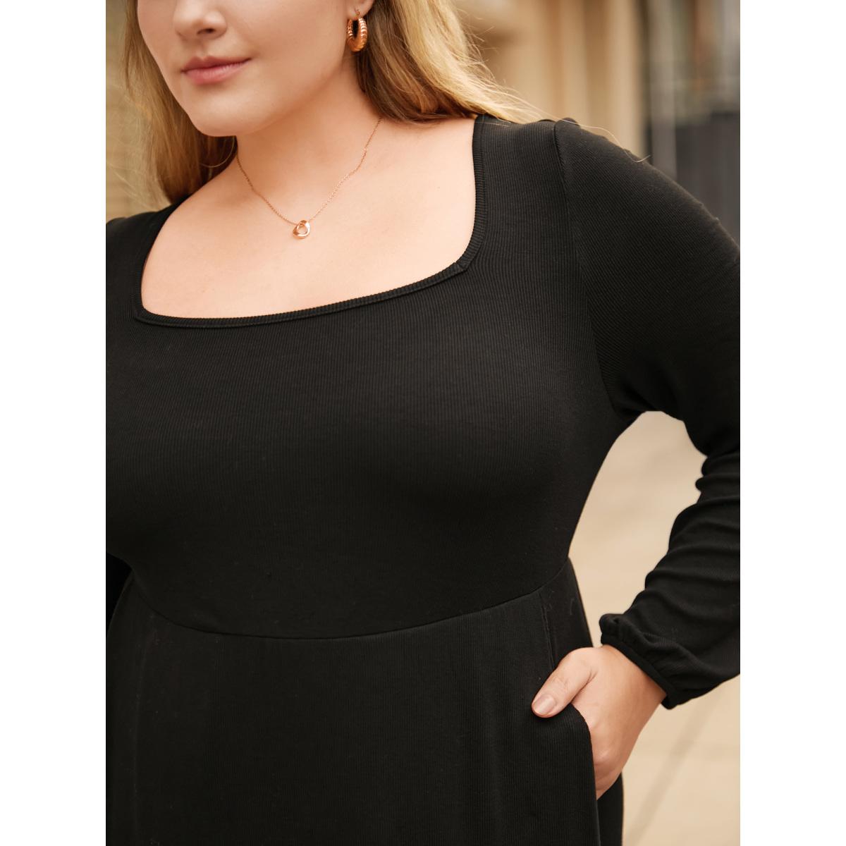 Plus Size Supersoft Essentials Elastic Waist Midi Dress Black Women Basics Texture Square Neck Long Sleeve Curvy BloomChic 18-20/2X Product Image