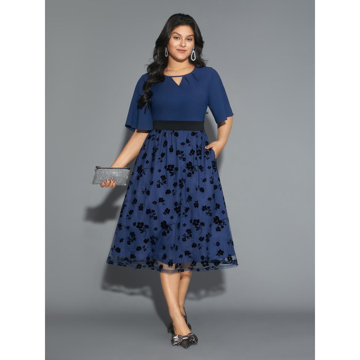 Plus Size Floral Embroidered Mesh keyhole Dress Aegean Women Formal Texture Round Neck Half Sleeve Curvy BloomChic 28/5X Product Image