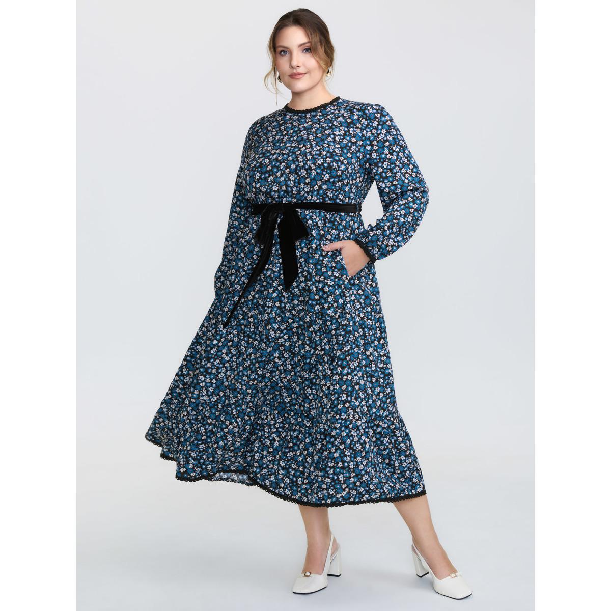 Plus Size Floral Print Contrast Color Belted Midi Dress Black Women Timeless Woven ribbon&lace trim Round Neck Long Sleeve Curvy BloomChic 28/5X Product Image