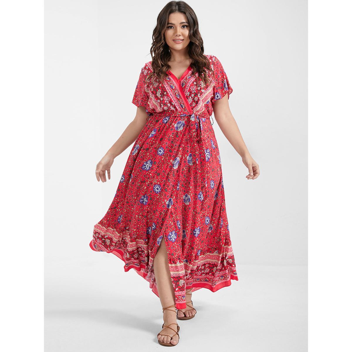 Boho Elegant Flutter Plus Size Women Midi Dress Vacation Bohemian Print Ties Bodycon Ruffle Sleeve Short Sleeve V Neck Belt Dailywear Long Dress BloomChic Product Image