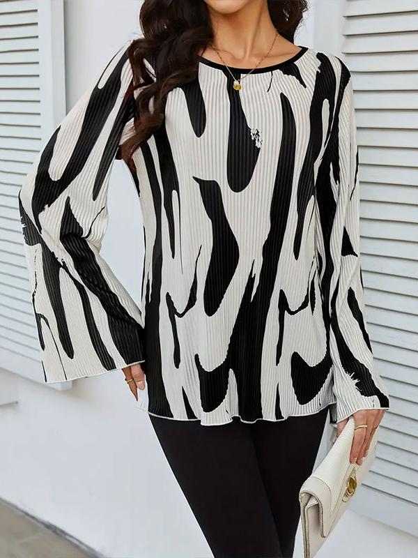 Flared Sleeves Loose Pleated Printed Split-Joint Round-Neck Blouses&Shirts Tops Product Image