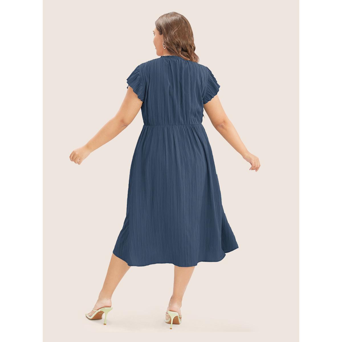 Plus Size Plain Cap Sleeve Ruffles Trim Mock Neck Pocket Dress Navy Women Elegant Pocket Round Neck Short sleeve Curvy Midi Dress BloomChic 12/L Product Image