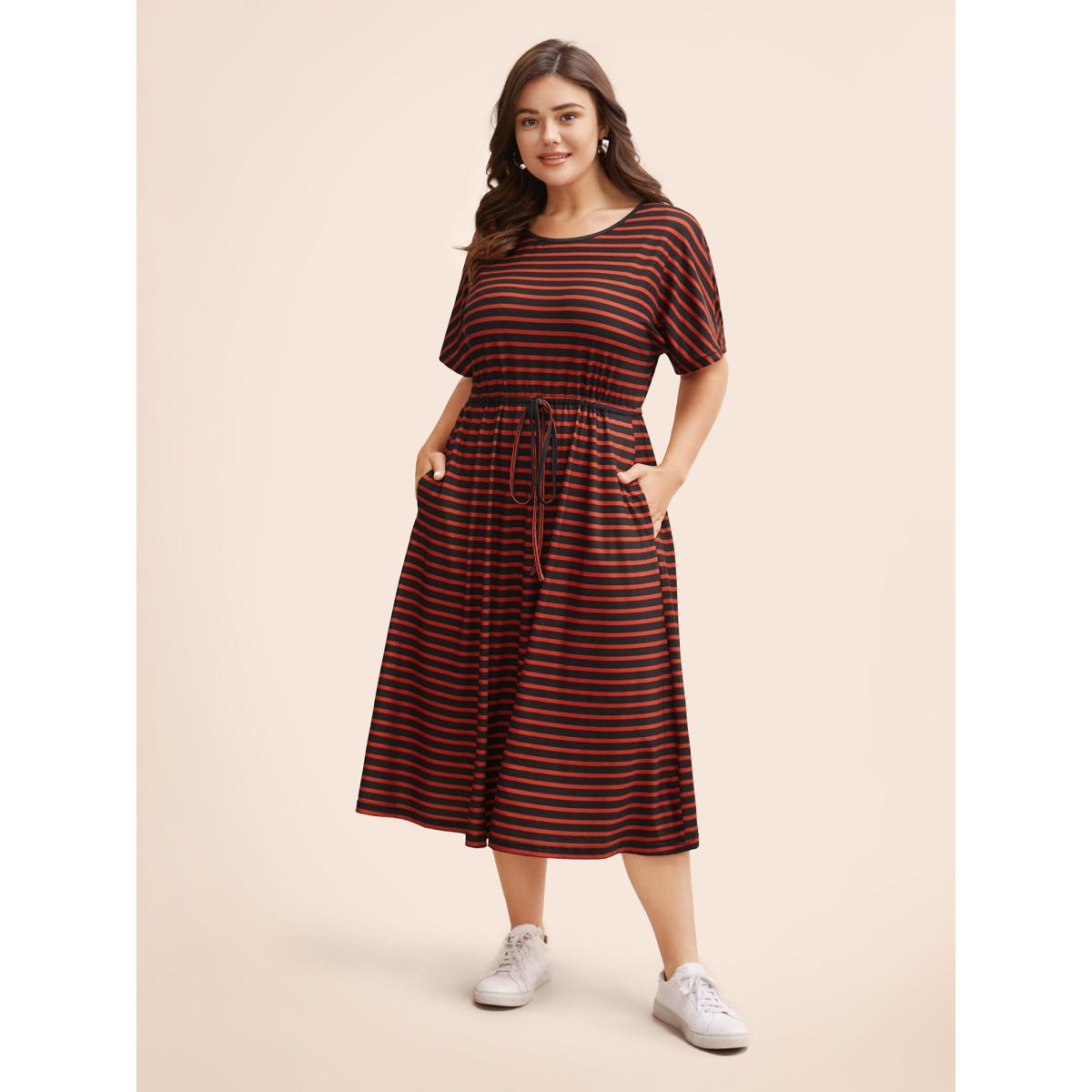 Plus Size Striped Round Neck Drawstring Dolman Sleeve Dress Black Women Casual Gathered Round Neck Short sleeve Curvy BloomChic 18-20/2X Product Image