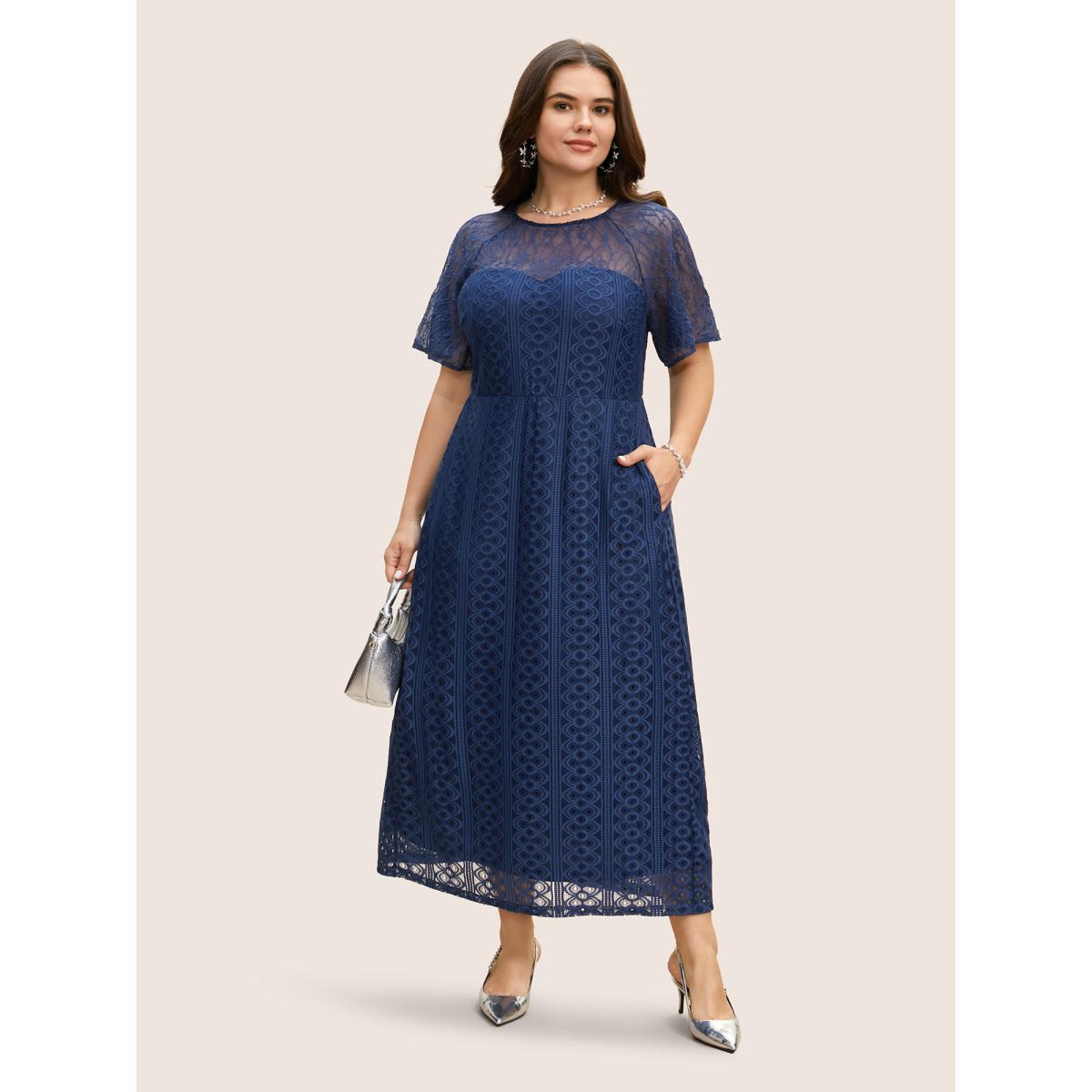 Plus Size Crochet Lace Mesh Raglan Sleeve Maxi Dress DarkBlue Women Formal Woven ribbon&lace trim Round Neck Short sleeve Curvy BloomChic 10/M Product Image