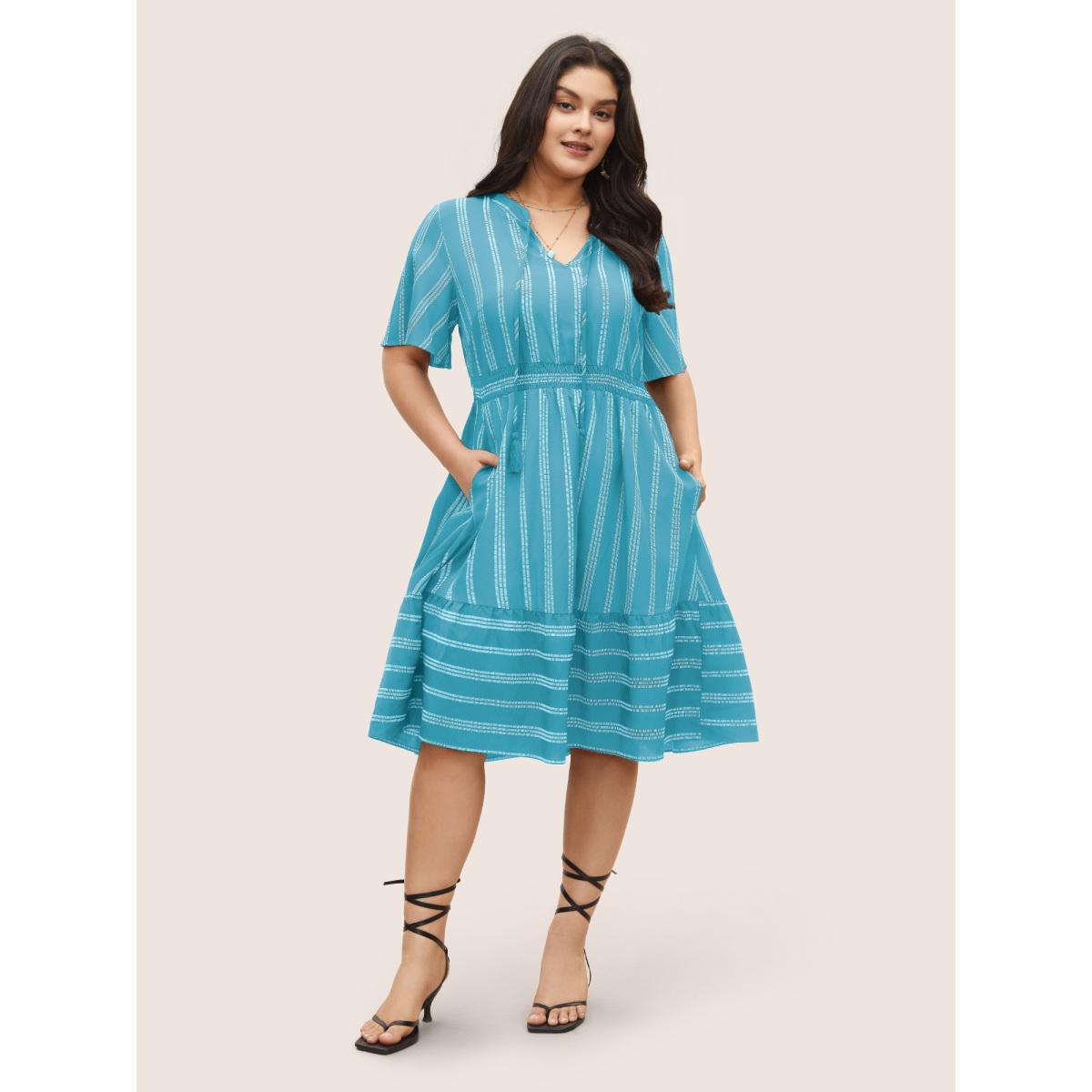Plus Size Striped Patchwork Tassels Ties Shirred Dress LightBlue Women Boho Non V-neck Short sleeve Curvy Midi Dress BloomChic 26/4X Product Image
