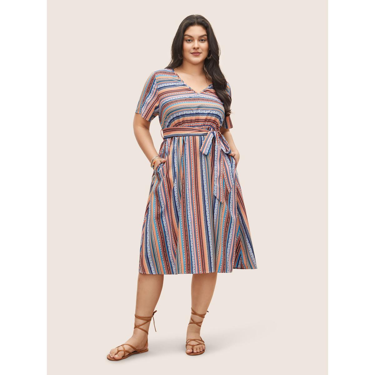 Plus Size Bandana Striped Belted Pocket Dress Orange Women Resort Non V-neck Short sleeve Curvy Midi Dress BloomChic 12/L Product Image