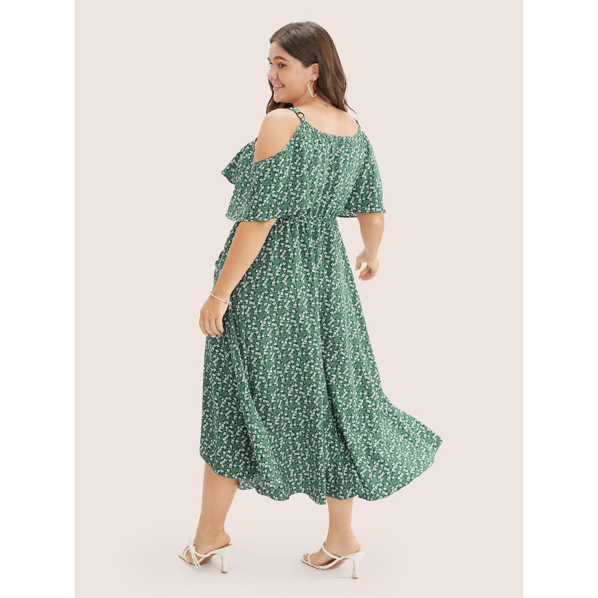 Plus Size Ditsy Floral Pocket Wrap Cold Shoulder Ruffle Dress Green Women Romantic Non Overlap Collar Short sleeve Curvy Midi Dress BloomChic 14-16/1X Product Image