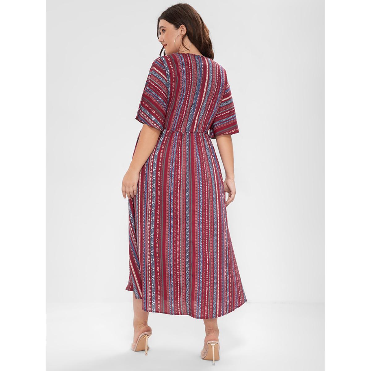 Plus Size Geometric V Neck Pocket Split Maxi Dress Burgundy Women Vacation Printed V-neck Short sleeve Curvy Midi Dress BloomChic 14-16/1X Product Image
