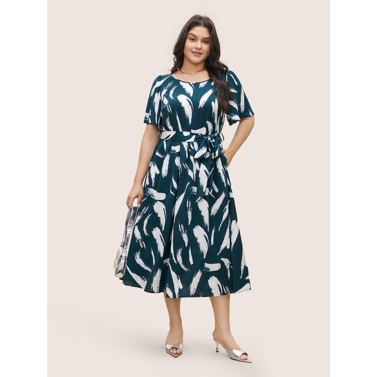 Plus Size Brush Print Belted Pocket Elastic Waist Dress DarkSlateGray Women At the Office Non Round Neck Short sleeve Curvy Midi Dress BloomChic 12/L Product Image