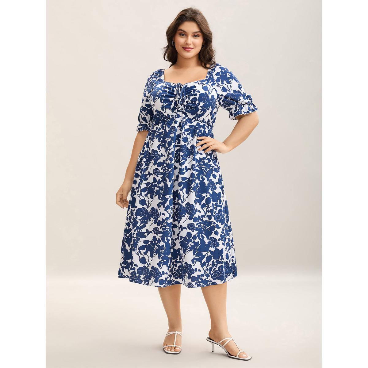 Plus Size Silhouette Floral Print Tie Front Midi Dress DarkBlue Women Elegant Drawstring Heart neckline Half Sleeve Curvy BloomChic 18-20/2X Product Image