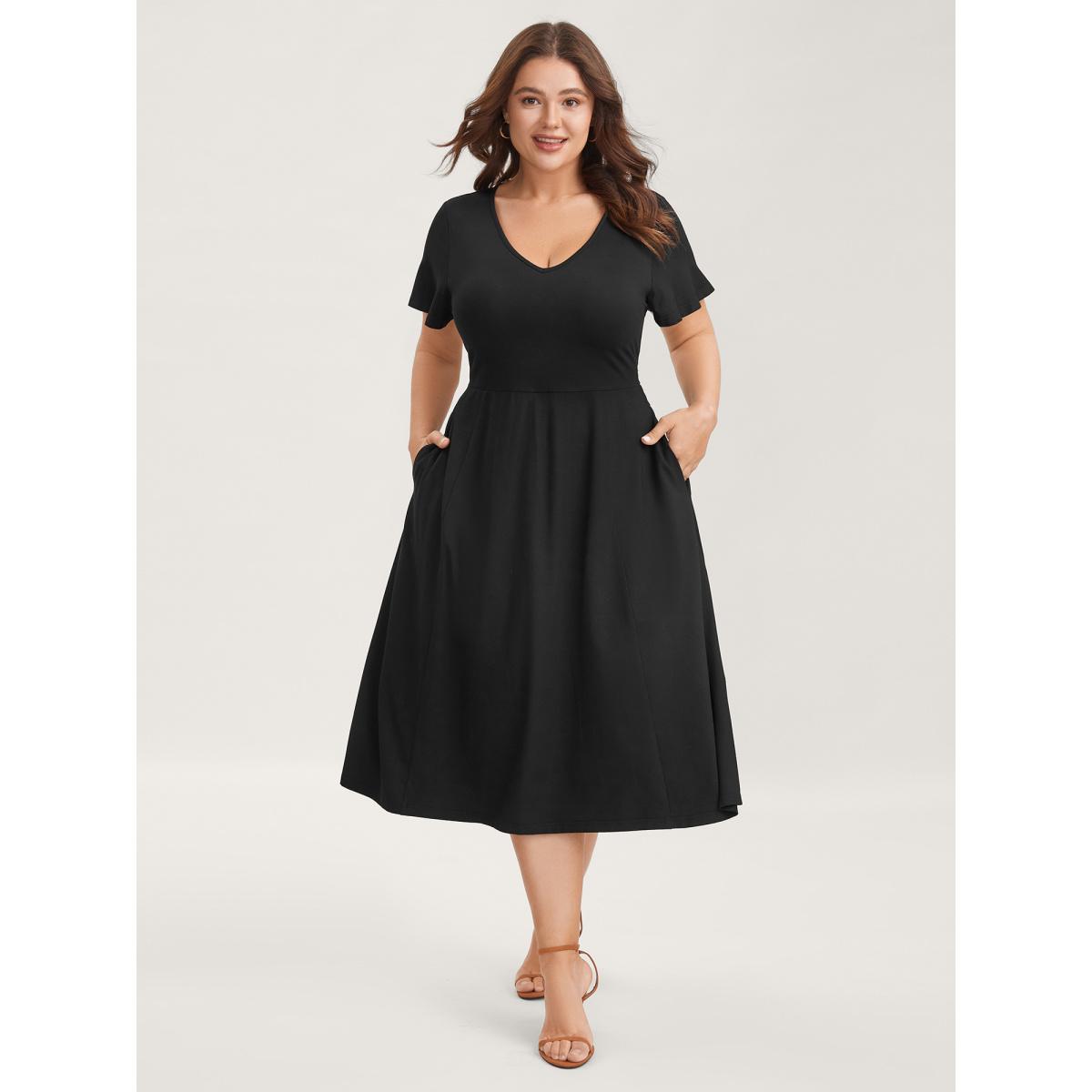 Plus Size Super Stretchy Back-Tie Pockets Midi Dress Black Women Knit Dresses Bloomchic 18-20/2X Product Image