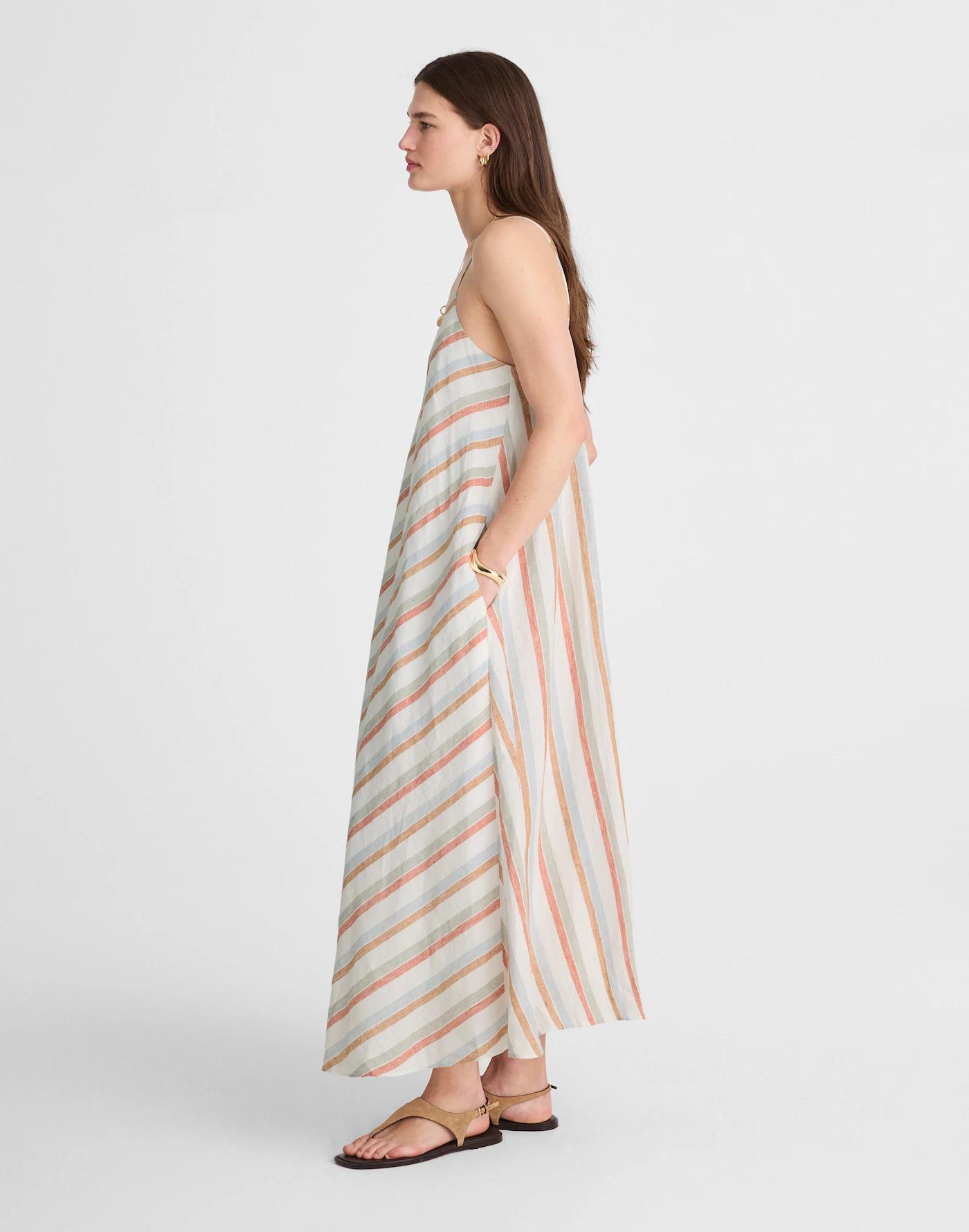 Striped V-Neck Midi Dress in 100% Linen Product Image