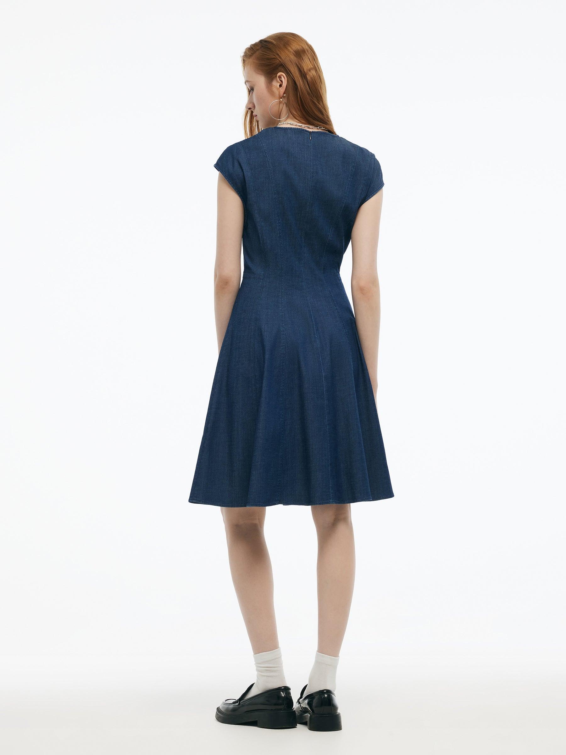 Denim Cap Sleeve Women Midi Dress Product Image
