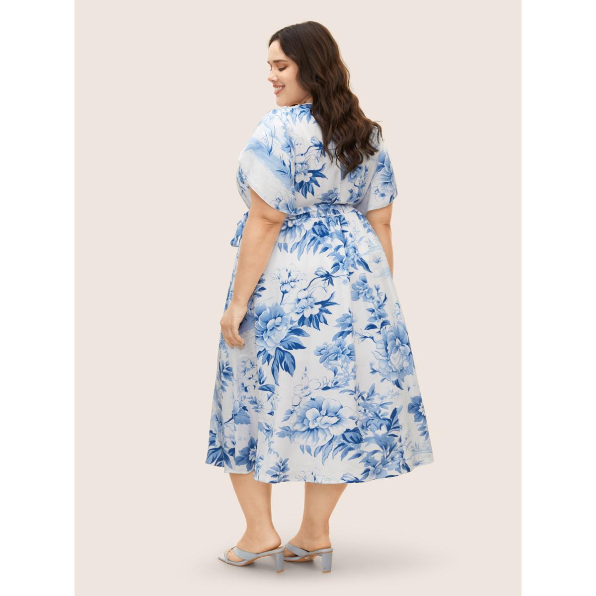 Plus Size Floral Wrap Petal Sleeve Belted Dress Originalwhite Women Elegant Belted Overlap Collar Half Sleeve Curvy BloomChic 28/5X Product Image