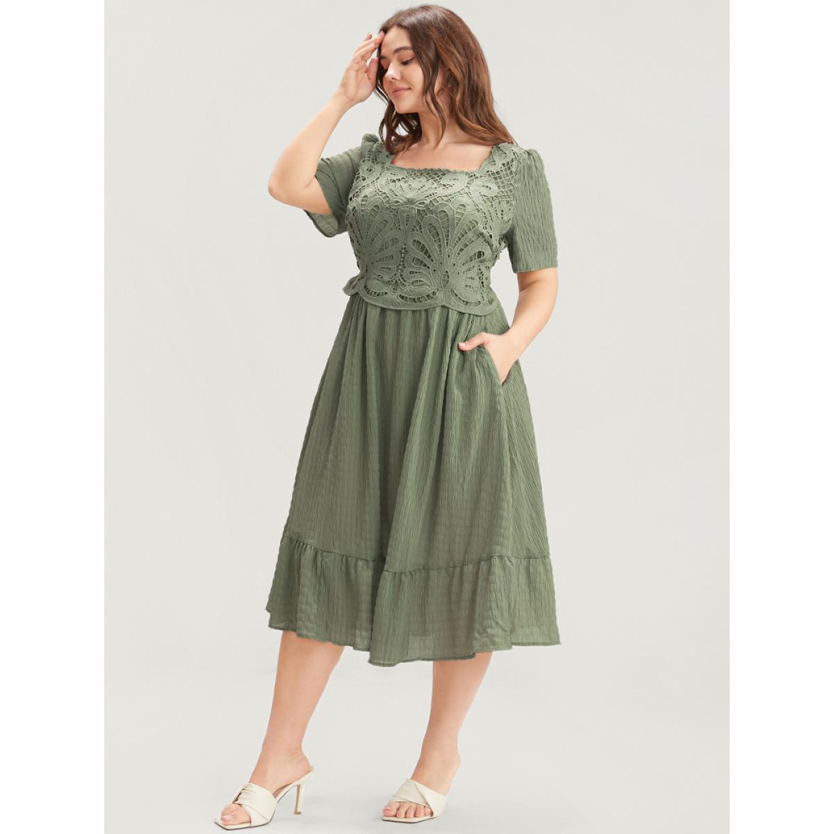 Plus Size Solid Square Neck Pocket Lace Ruffles Hem Dress Mint Women Elegant Elastic Waist Square Neck Short sleeve Curvy Midi Dress BloomChic 22-24/3X Product Image