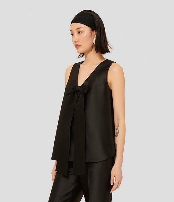 Tara Jarmon Topaze Satin V-Neck Bow Sleeveless Top Product Image