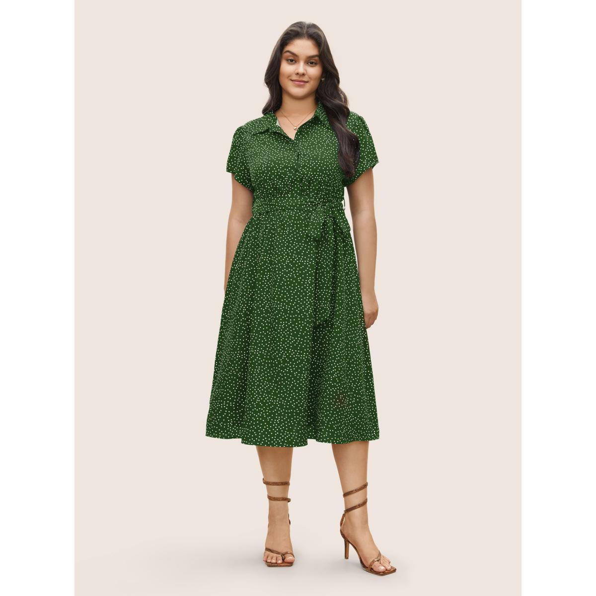 Plus Size Polka Dot Shirt Collar Pocket Button Up Dress DarkGreen Women At the Office Non Shirt collar Short sleeve Curvy Midi Dress BloomChic 30/6X Product Image