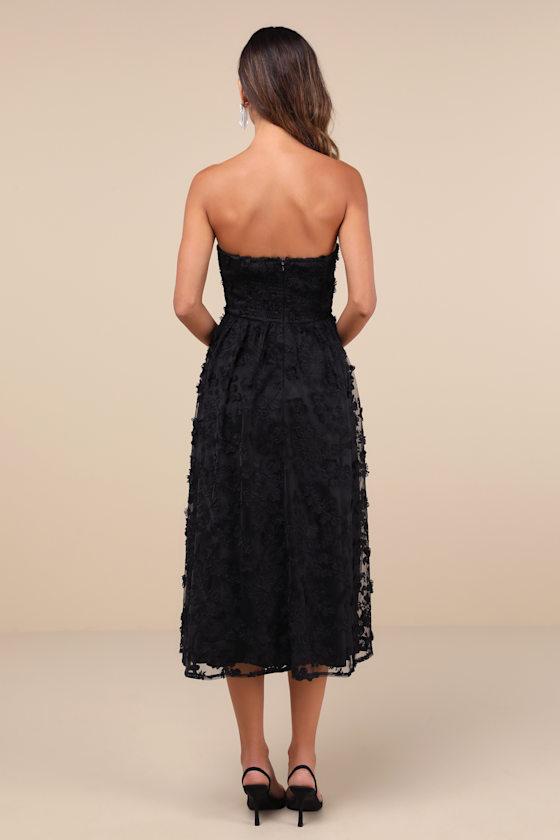 Quite Perfect Black Floral Embroidered Strapless Midi Dress Product Image
