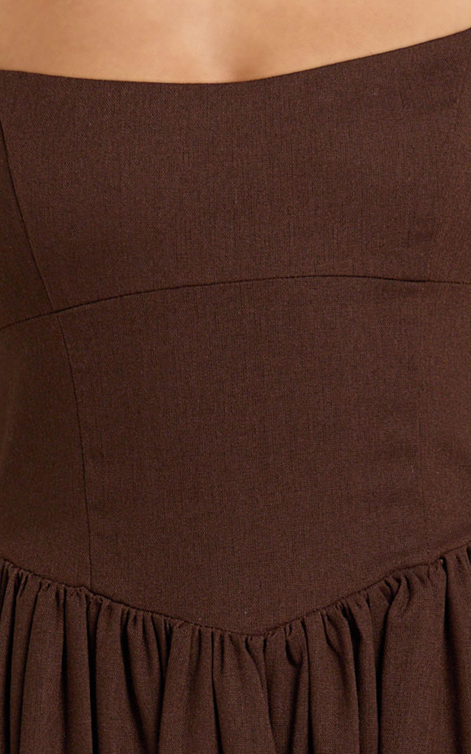 Morris Midi Dress - Linen Scoop Neck Gathered Dress in Chocolate Product Image