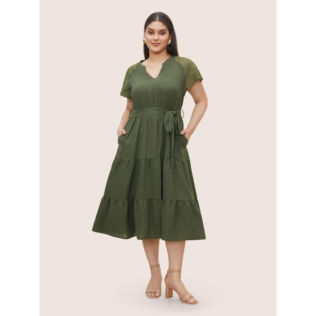 Plus Size Texture Patchwork See Through Raglan Sleeve Dress ArmyGreen Women At the Office Texture Flat collar with V-notch Short sleeve Curvy Midi Dress BloomChic 30/6X Product Image